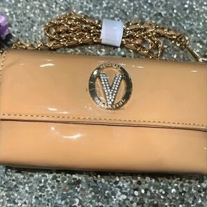 Valentino Orlandi Tan Patent Leather Clutch with Gold Chain